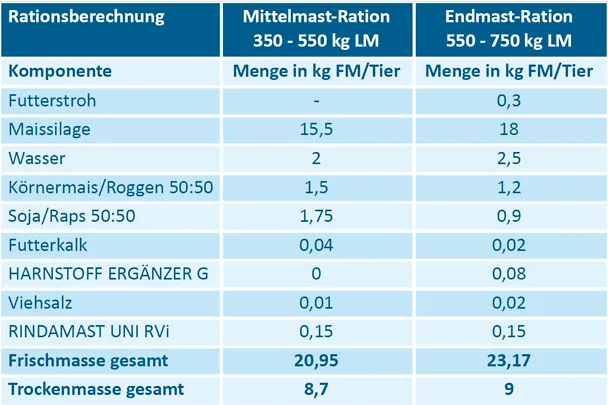 Rationszusammensetzung der Mittel- und Endmast auf dem Betrieb Koldewey